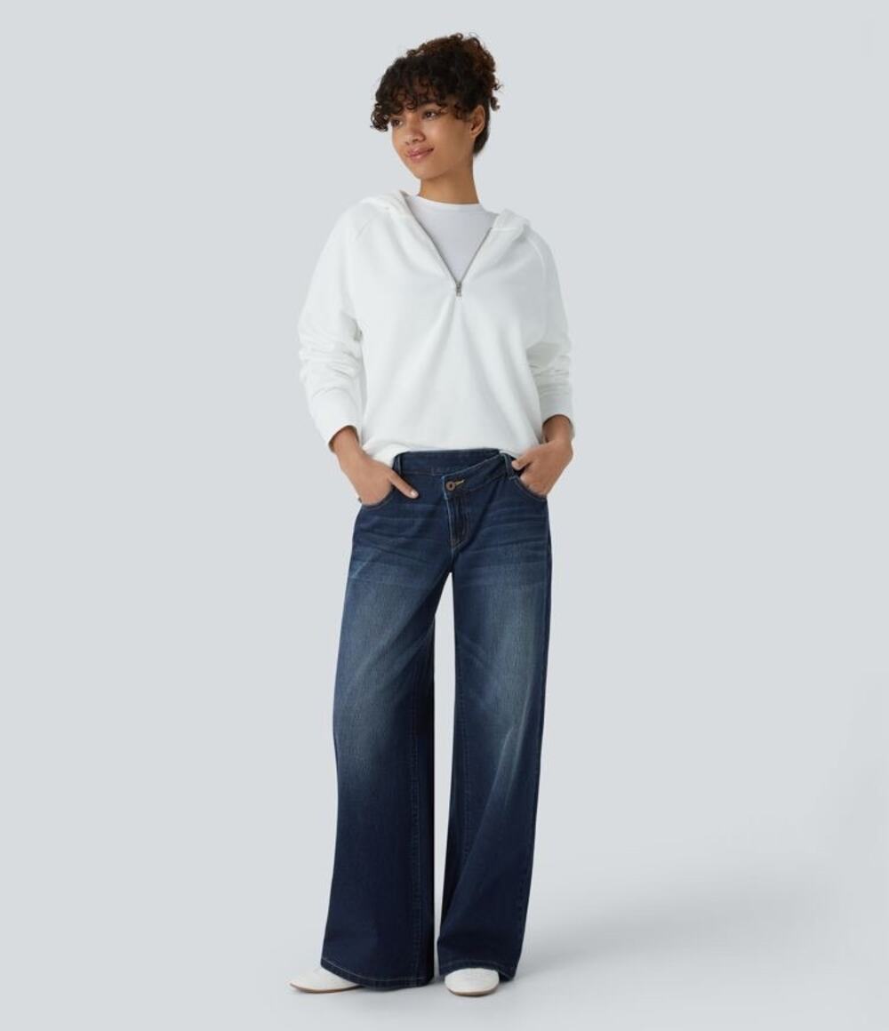 Halara Flex Asymmetric Low Rise Baggy Wide Leg Jeans M Tall Paint Blue NWT